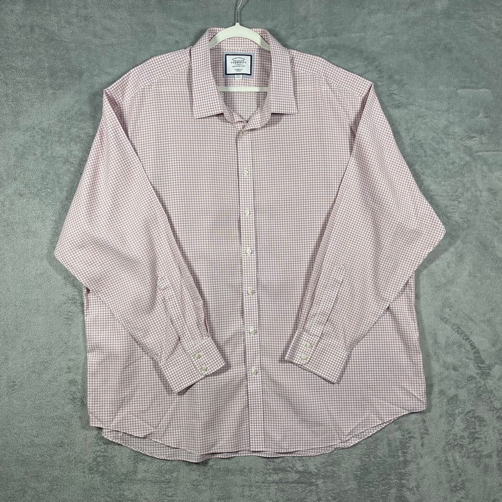 Charles Tyrwhitt Shirt Mens 20/37 Burgundy Gingham Classic‎ Fit Non-Iron Cotton